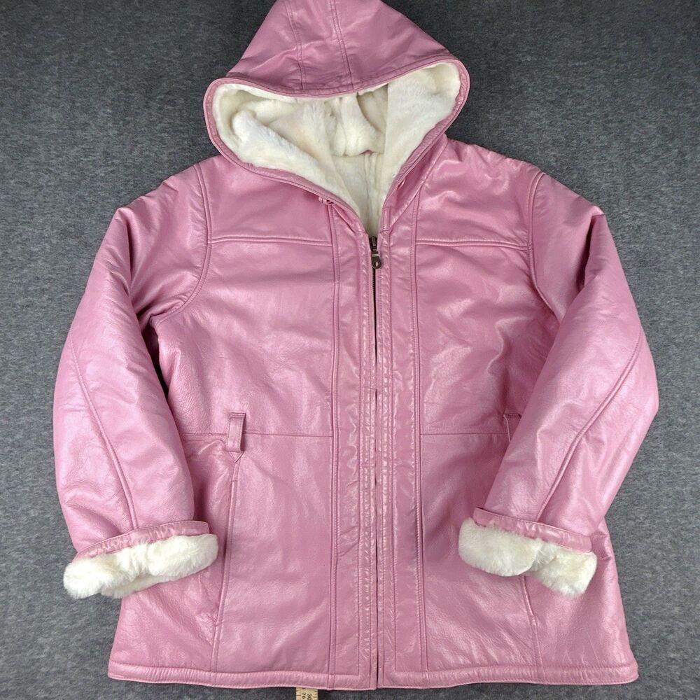 Vintage Wilsons Pink Leather Jacket Womens XL Hood Faux Fur Barbie NO BELT Y2K